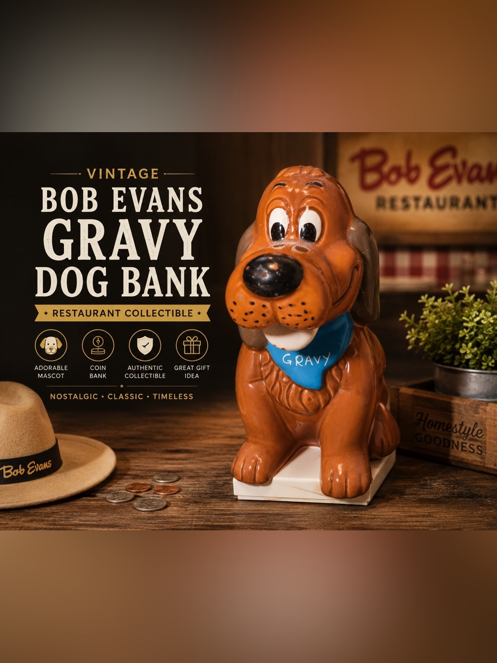 Vintage Bob Evans “Gravy” Dog Coin Bank | Restaurant Collectible Piggy Bank